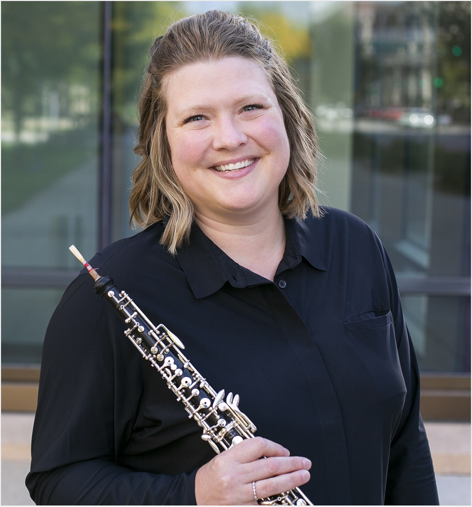 Lindsay Flowers holding an oboe